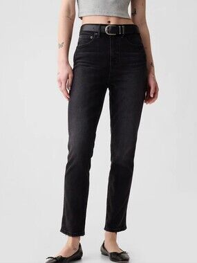 GAP Vintage Slim High Rise Washed Black Jeans Straight Leg Raw Hem Size 10